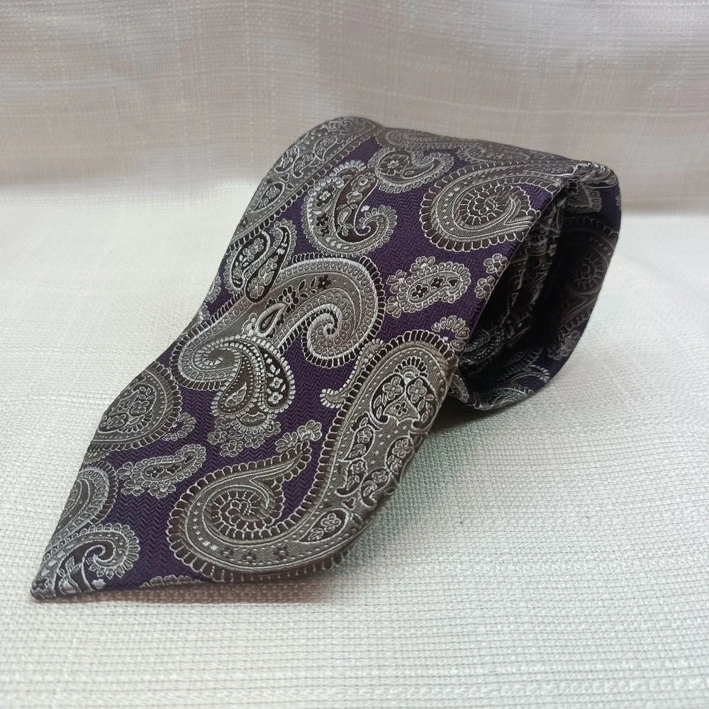 Jos A Bank Signature‎ Mens Purple Taupe Paisley Woven 100% Silk Tie 58in